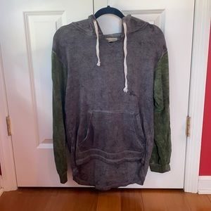 Grey and green distressed hoodie with V-neck